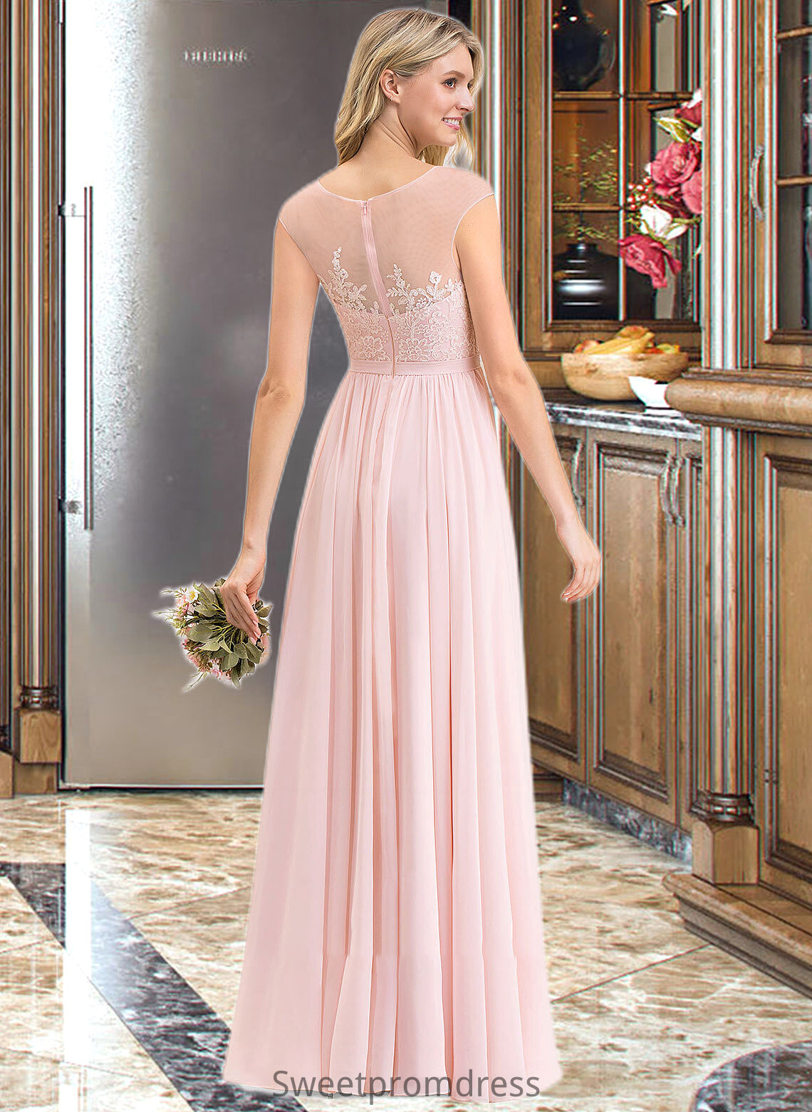 Cindy A-Line Scoop Neck Floor-Length Chiffon Lace Bridesmaid Dress With Split Front DHP0012896