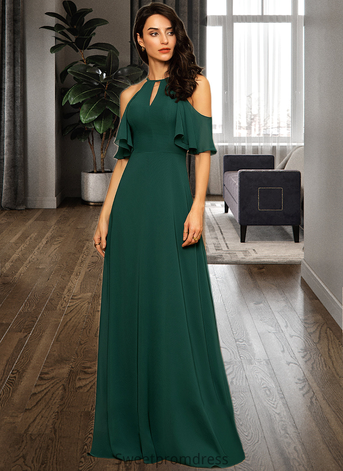 Esme A-Line Scoop Neck Floor-Length Chiffon Bridesmaid Dress DHP0012899