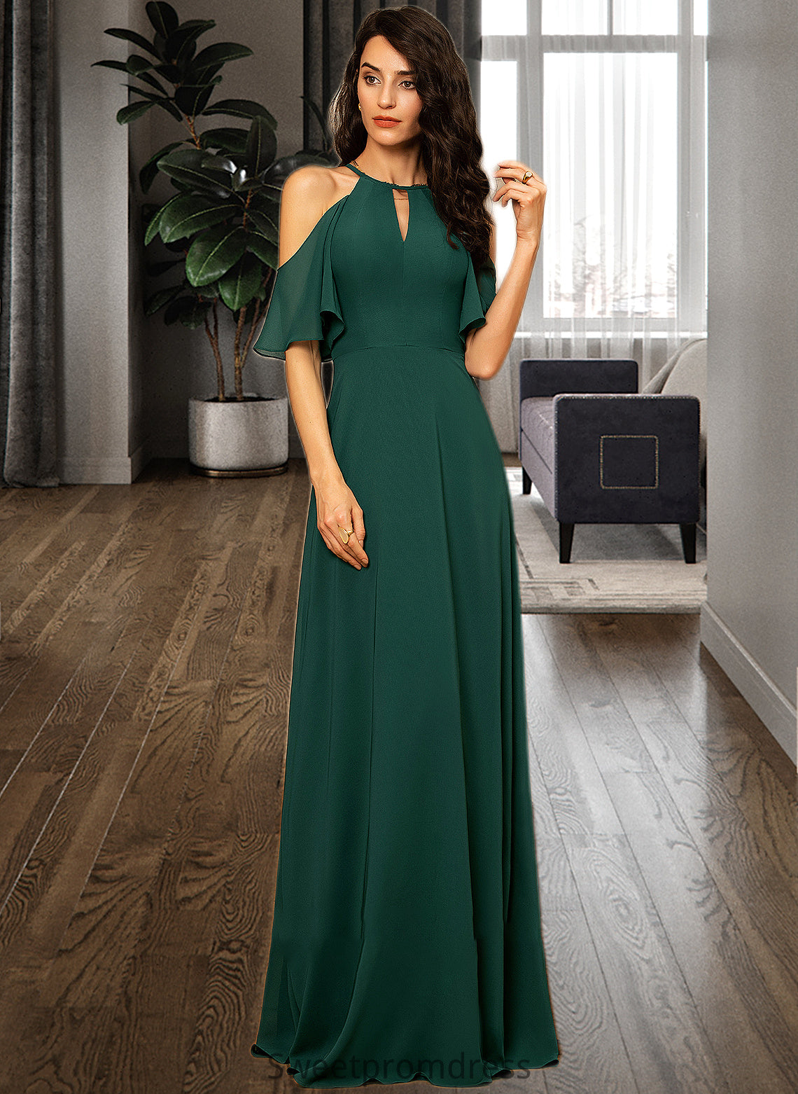 Esme A-Line Scoop Neck Floor-Length Chiffon Bridesmaid Dress DHP0012899