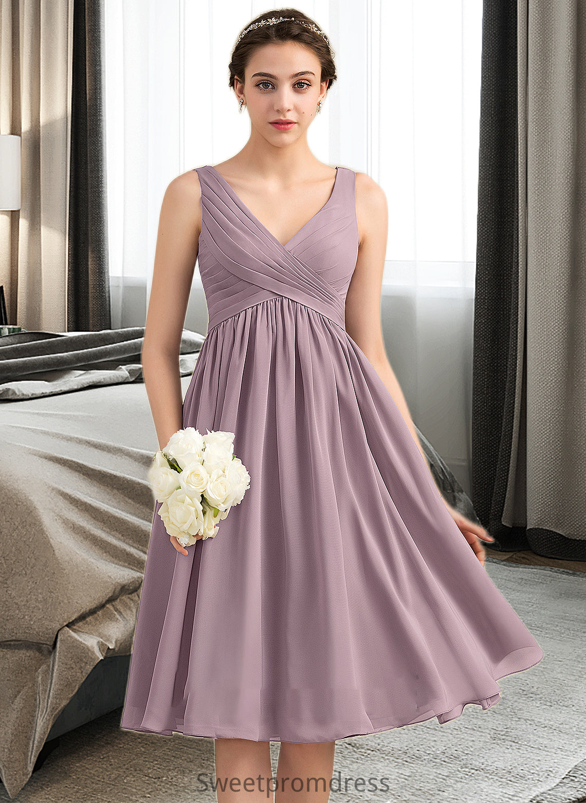 Janey Empire V-Neck Knee-Length Chiffon Bridesmaid Dress With Cascading Ruffles DHP0012901