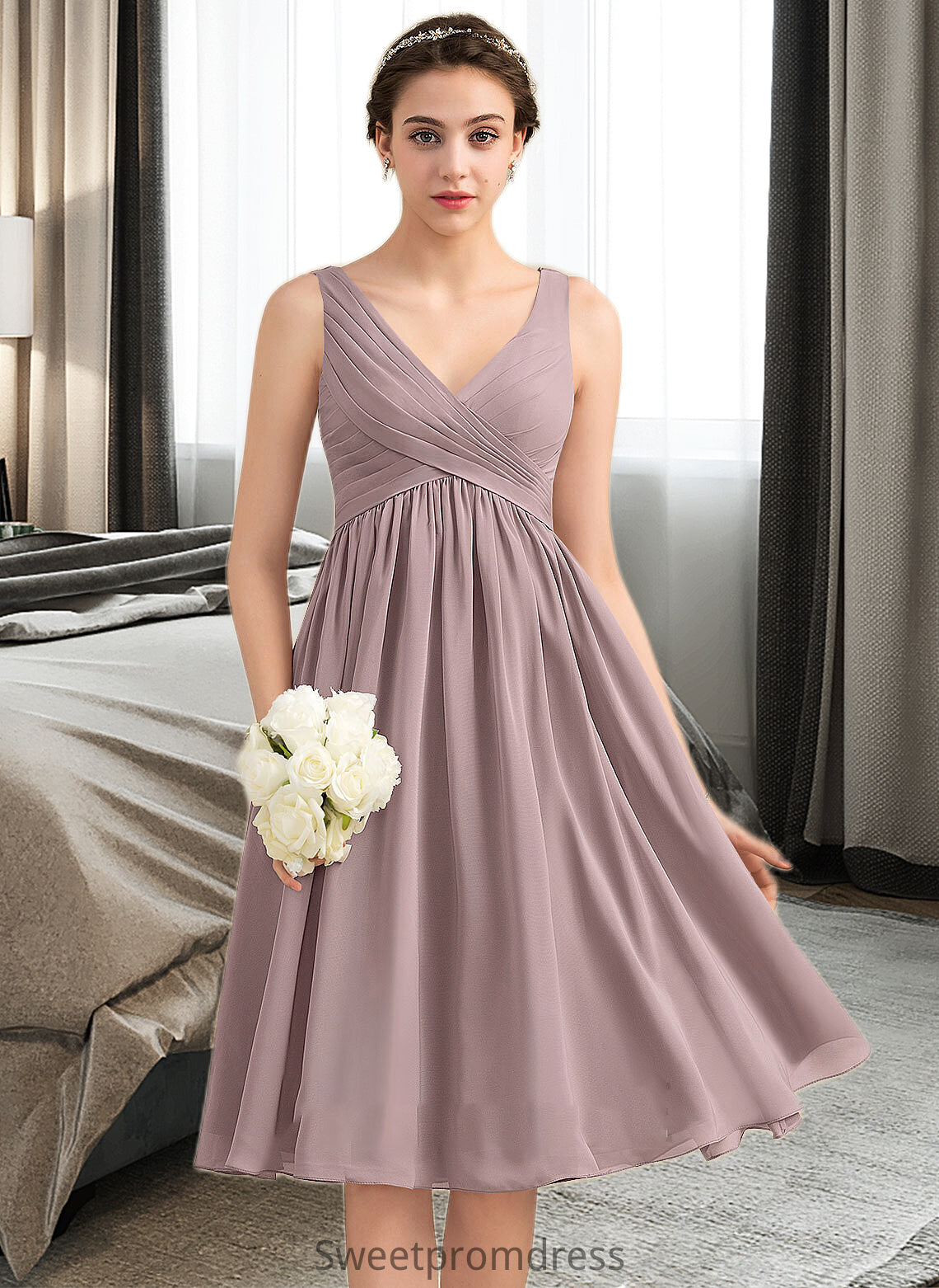 Janey Empire V-Neck Knee-Length Chiffon Bridesmaid Dress With Cascading Ruffles DHP0012901