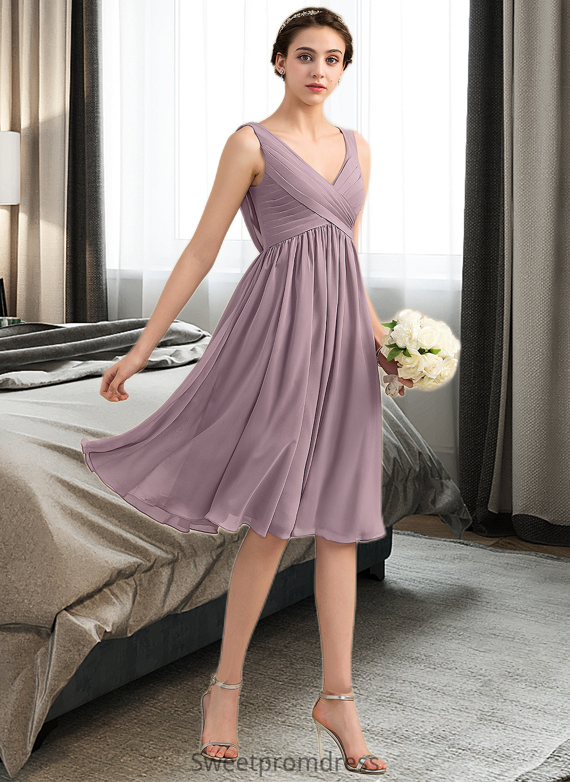 Janey Empire V-Neck Knee-Length Chiffon Bridesmaid Dress With Cascading Ruffles DHP0012901