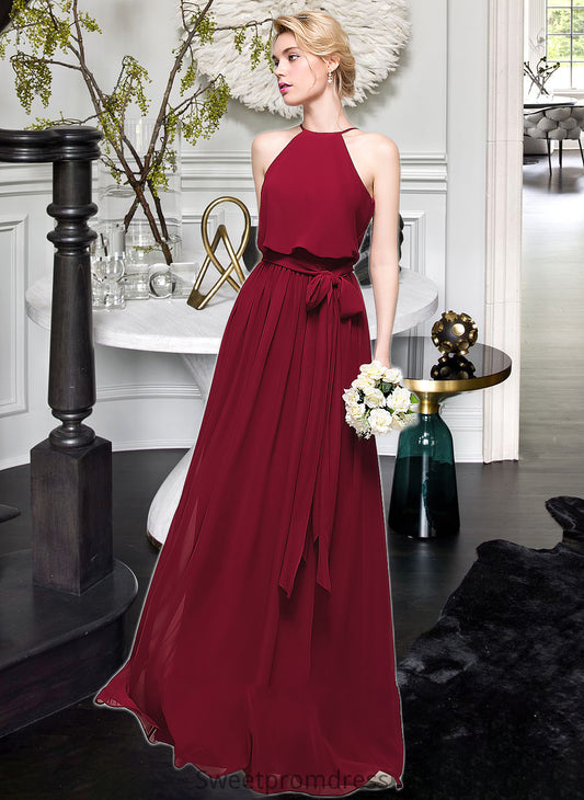 Tatiana A-Line Scoop Neck Floor-Length Chiffon Bridesmaid Dress With Bow(s) DHP0012902