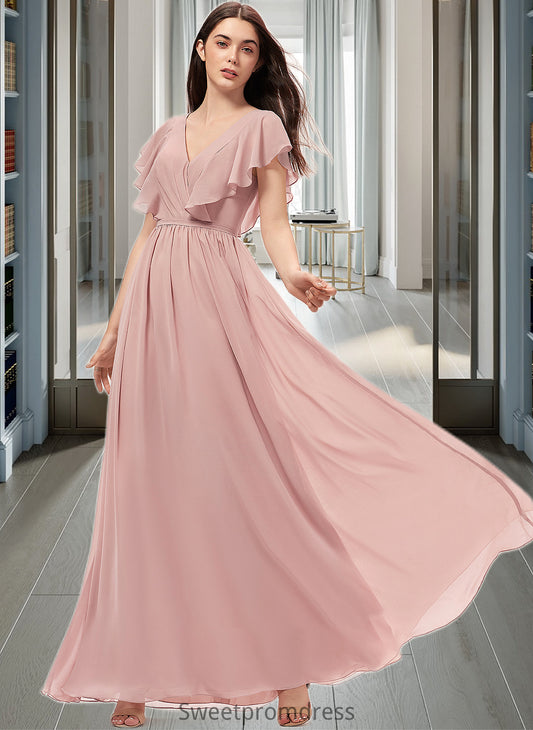 Marisol A-Line V-neck Floor-Length Chiffon Bridesmaid Dress With Split Front DHP0012903