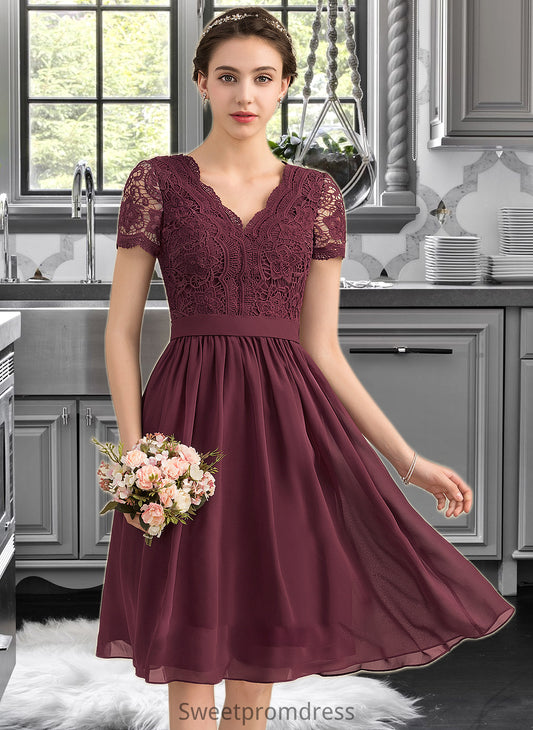 Kaylynn A-line V-Neck Knee-Length Chiffon Lace Bridesmaid Dress DHP0012904