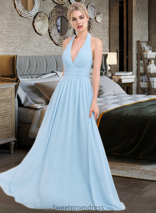 Yaretzi A-line Halter Floor-Length Chiffon Bridesmaid Dress With Ruffle DHP0012905