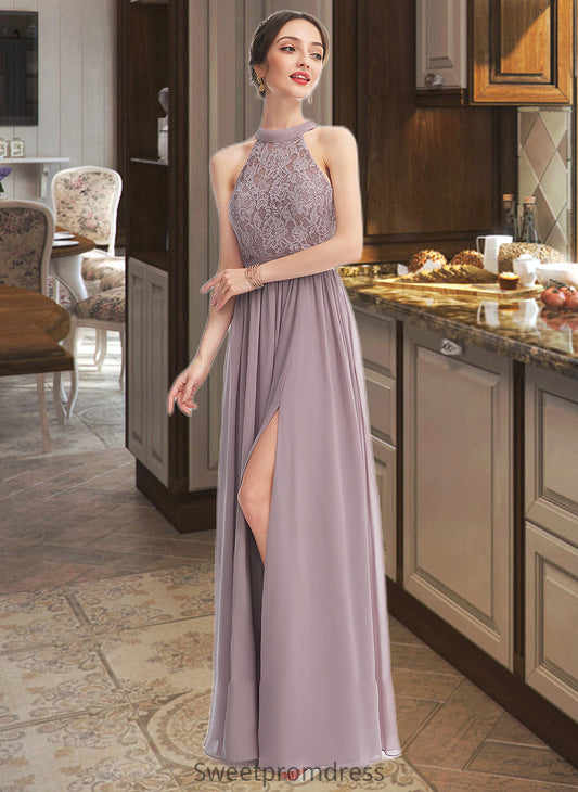 Charity A-Line Halter Floor-Length Bridesmaid Dress With Split Front DHP0012907