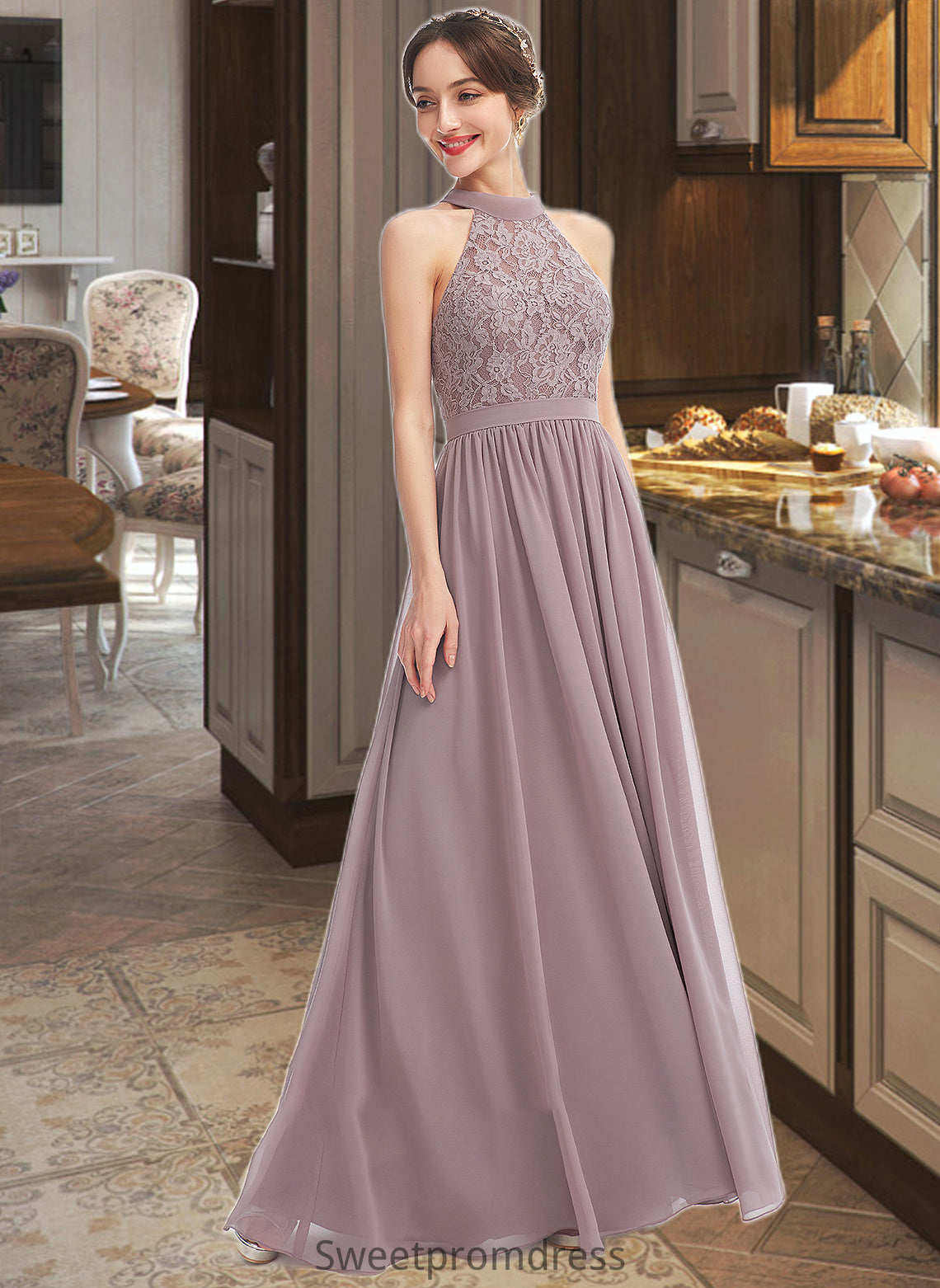 Charity A-Line Halter Floor-Length Bridesmaid Dress With Split Front DHP0012907