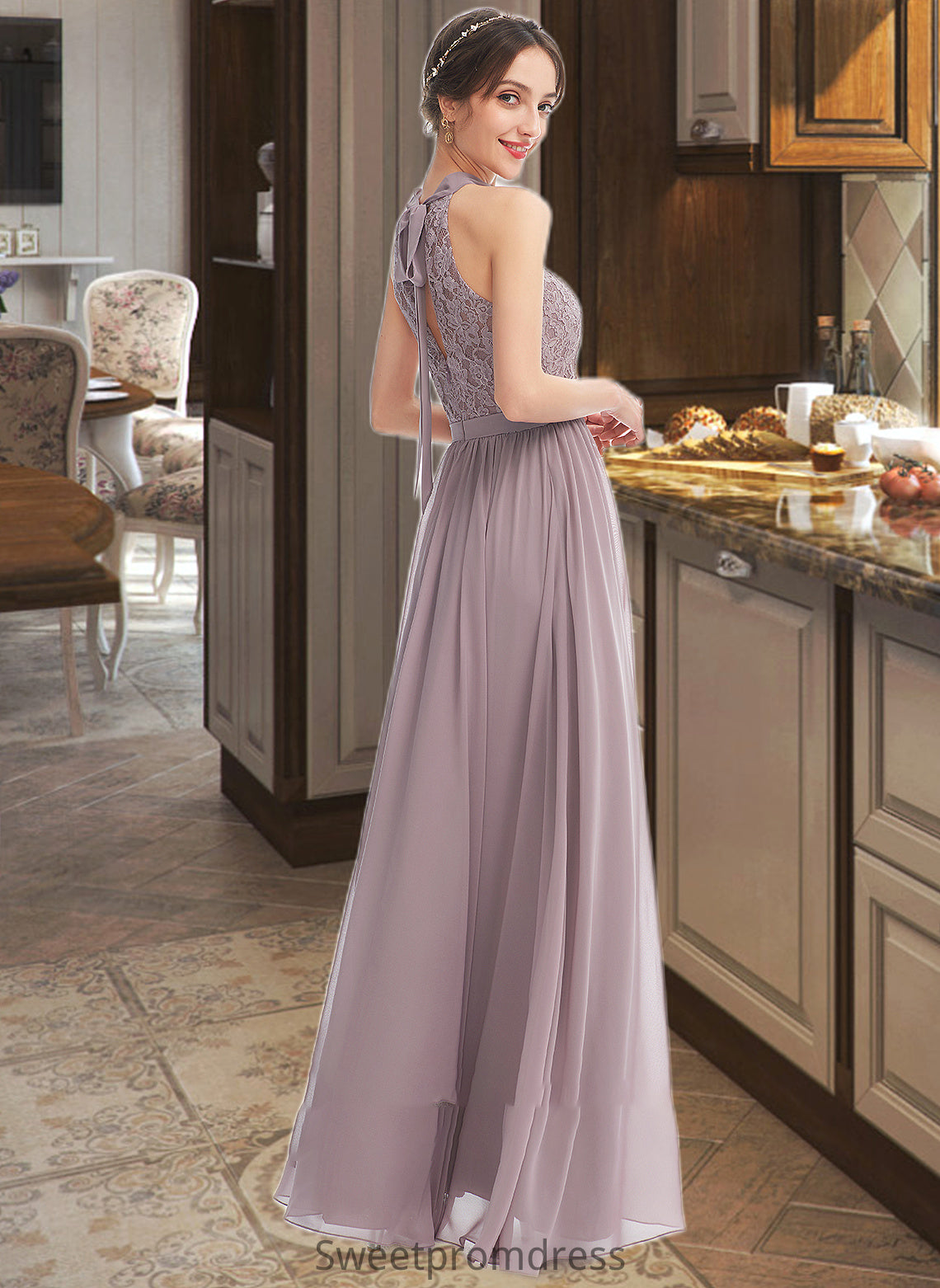 Charity A-Line Halter Floor-Length Bridesmaid Dress With Split Front DHP0012907