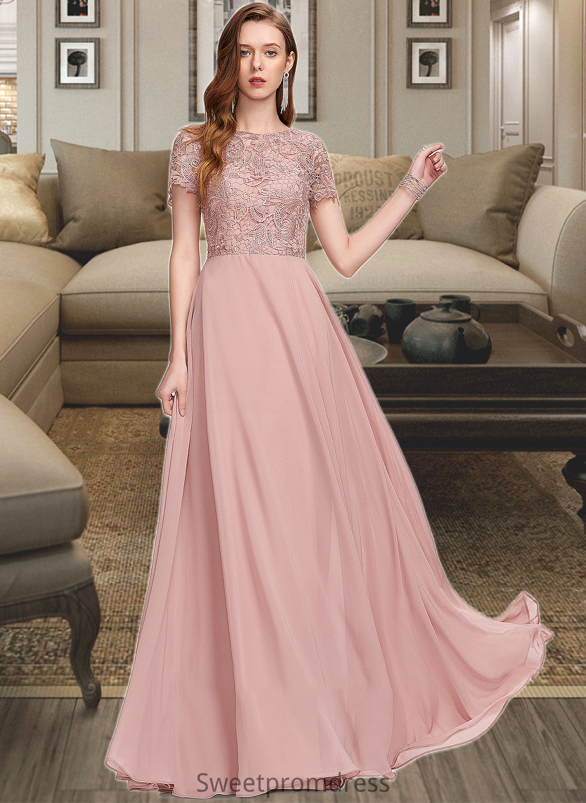 Trudie A-Line Scoop Neck Floor-Length Chiffon Bridesmaid Dress With Sequins DHP0012908