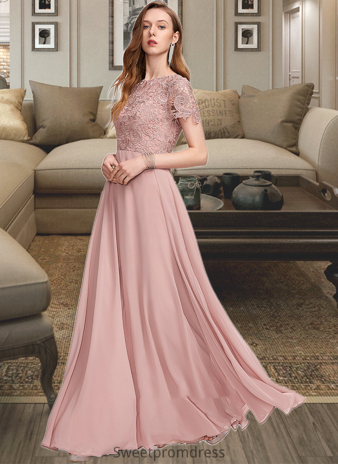 Trudie A-Line Scoop Neck Floor-Length Chiffon Bridesmaid Dress With Sequins DHP0012908