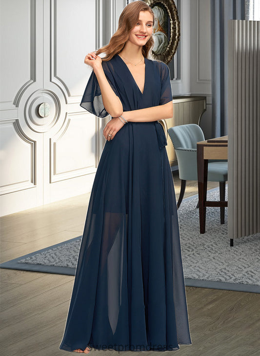 Yasmine A-Line V-neck Floor-Length Chiffon Bridesmaid Dress With Split Front DHP0012909