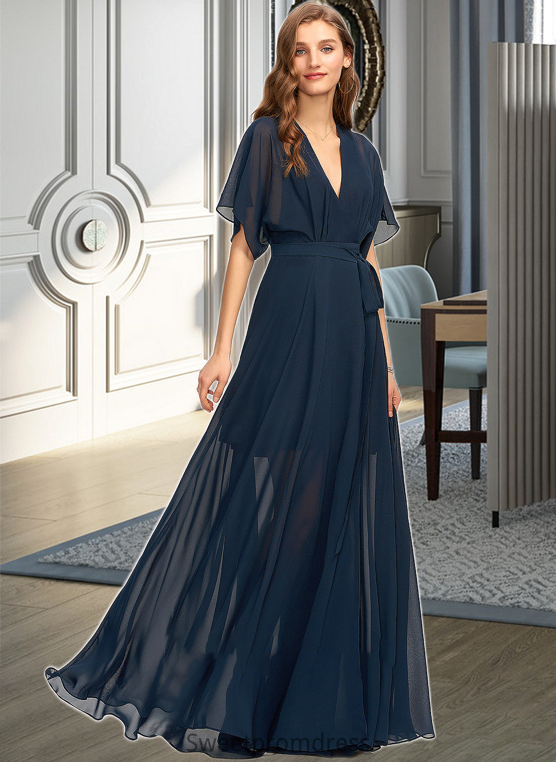 Yasmine A-Line V-neck Floor-Length Chiffon Bridesmaid Dress With Split Front DHP0012909