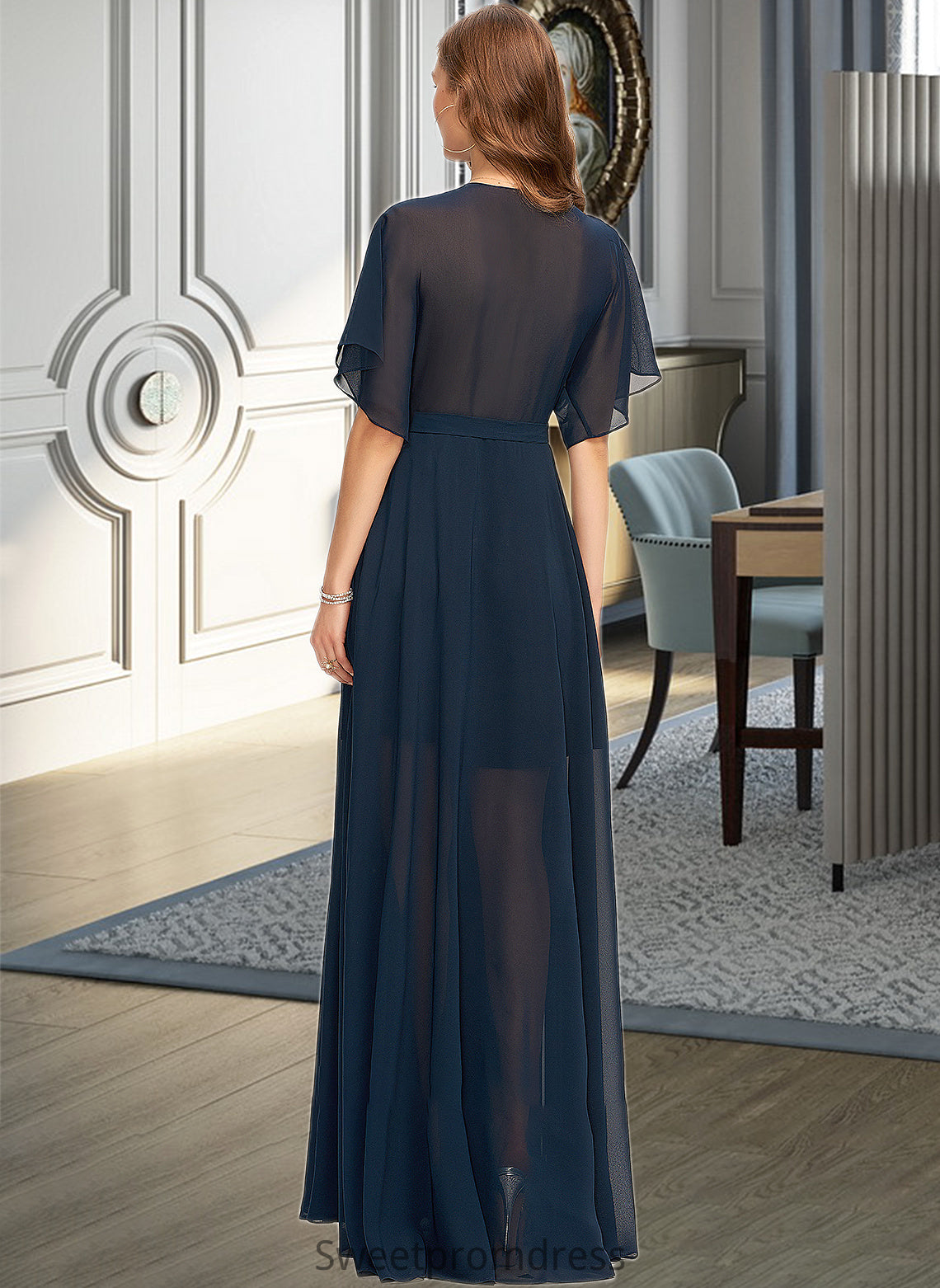 Yasmine A-Line V-neck Floor-Length Chiffon Bridesmaid Dress With Split Front DHP0012909