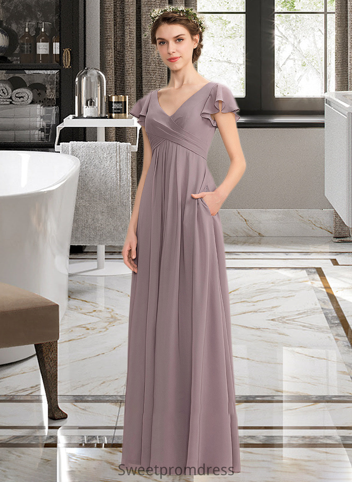 Brooklynn A-Line V-neck Floor-Length Chiffon Bridesmaid Dress With Cascading Ruffles Pockets DHP0012910