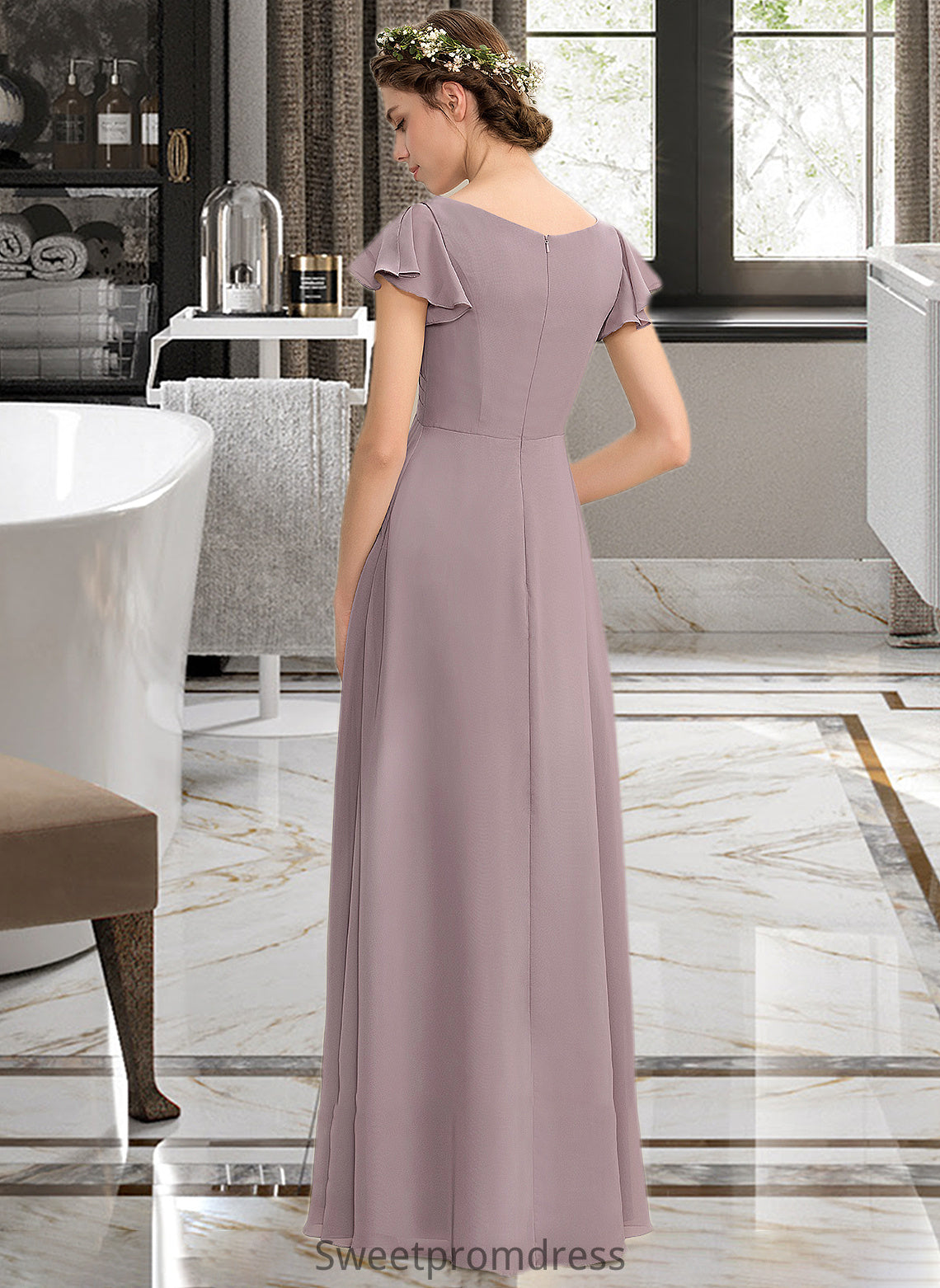 Brooklynn A-Line V-neck Floor-Length Chiffon Bridesmaid Dress With Cascading Ruffles Pockets DHP0012910