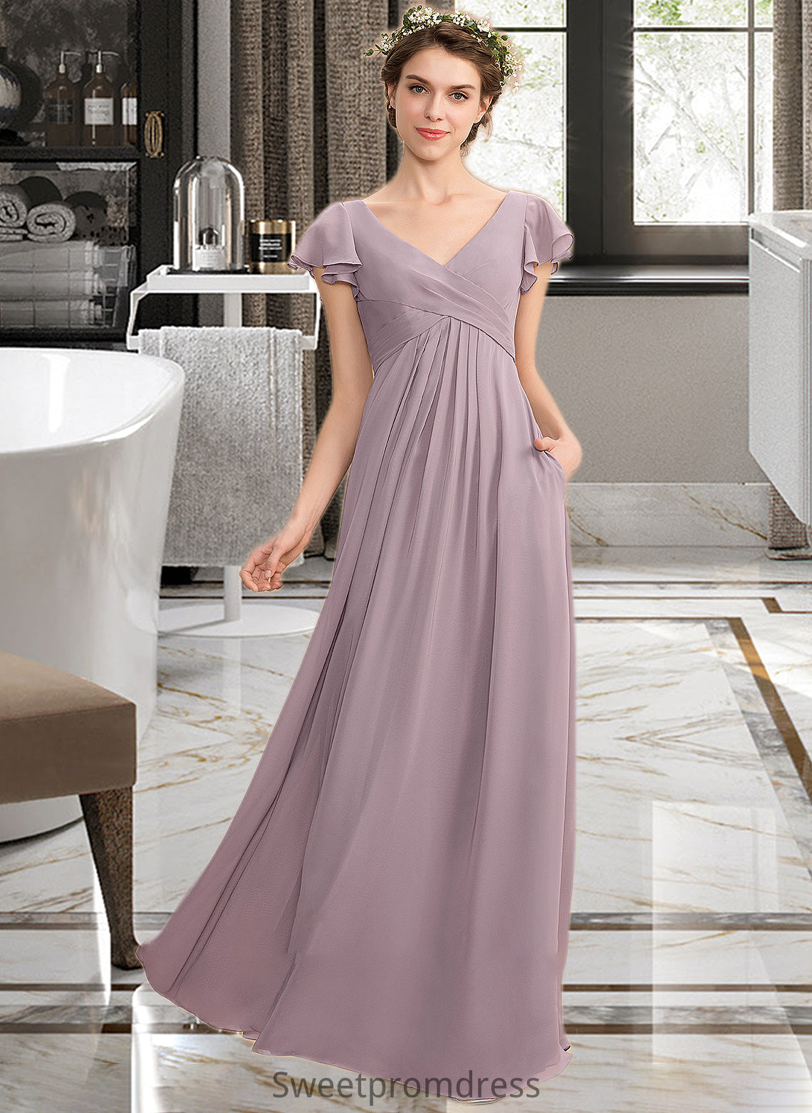 Brooklynn A-Line V-neck Floor-Length Chiffon Bridesmaid Dress With Cascading Ruffles Pockets DHP0012910