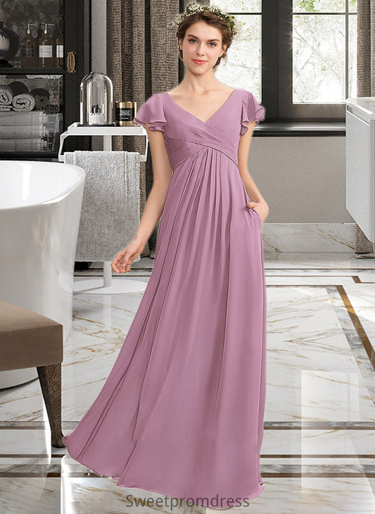 Brooklynn A-Line V-neck Floor-Length Chiffon Bridesmaid Dress With Cascading Ruffles Pockets DHP0012910