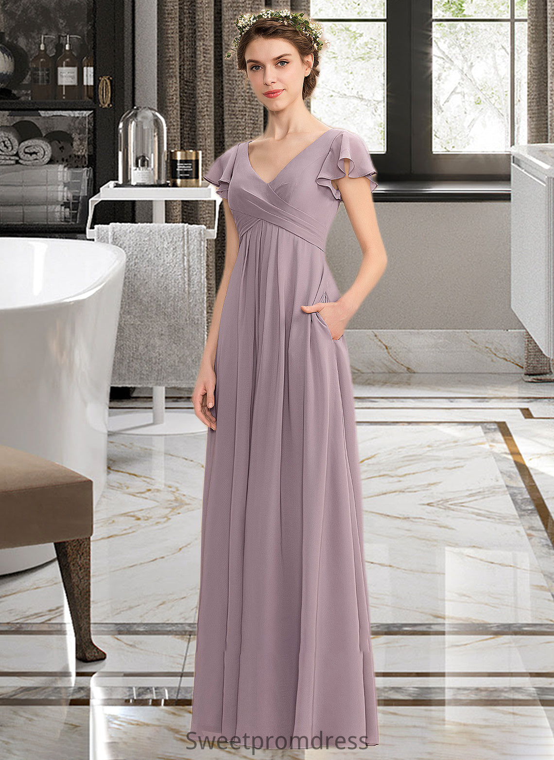 Brooklynn A-Line V-neck Floor-Length Chiffon Bridesmaid Dress With Cascading Ruffles Pockets DHP0012910