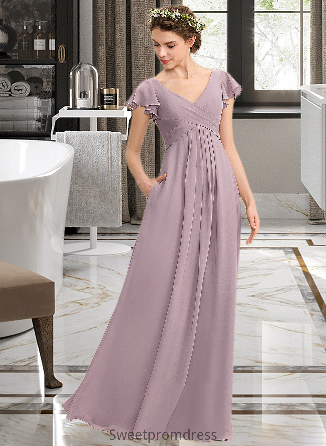 Brooklynn A-Line V-neck Floor-Length Chiffon Bridesmaid Dress With Cascading Ruffles Pockets DHP0012910