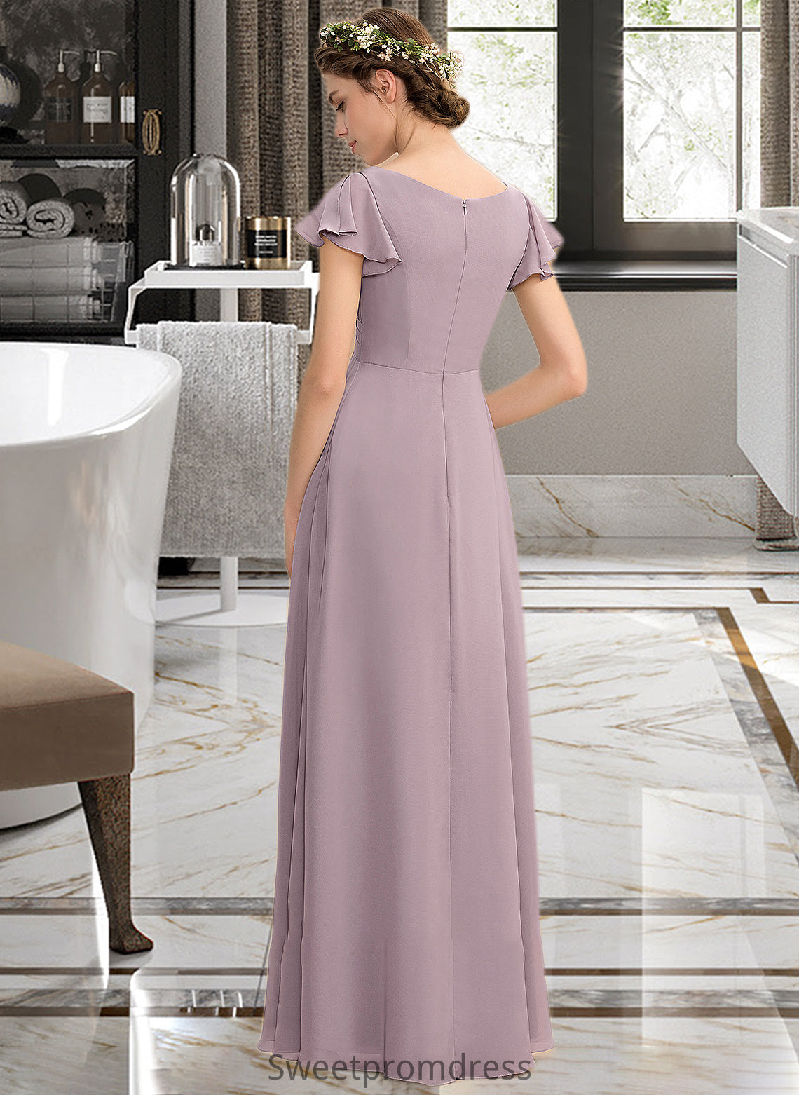 Brooklynn A-Line V-neck Floor-Length Chiffon Bridesmaid Dress With Cascading Ruffles Pockets DHP0012910