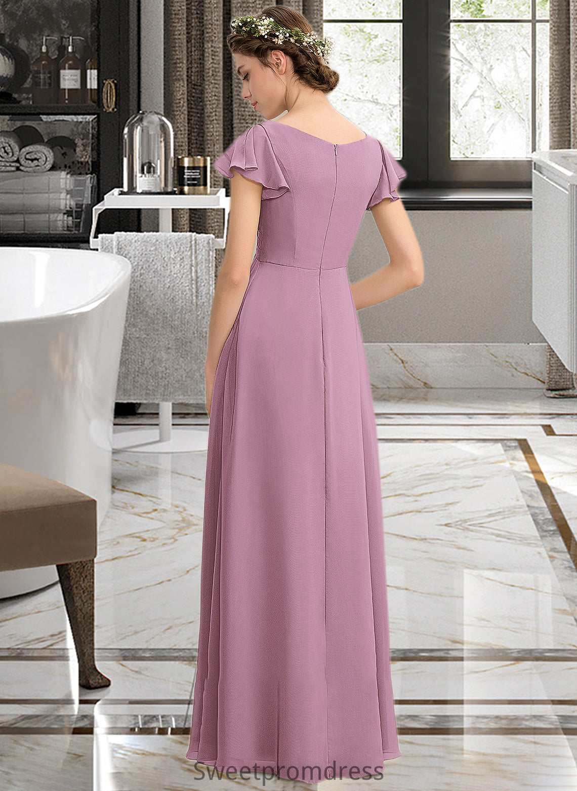 Brooklynn A-Line V-neck Floor-Length Chiffon Bridesmaid Dress With Cascading Ruffles Pockets DHP0012910