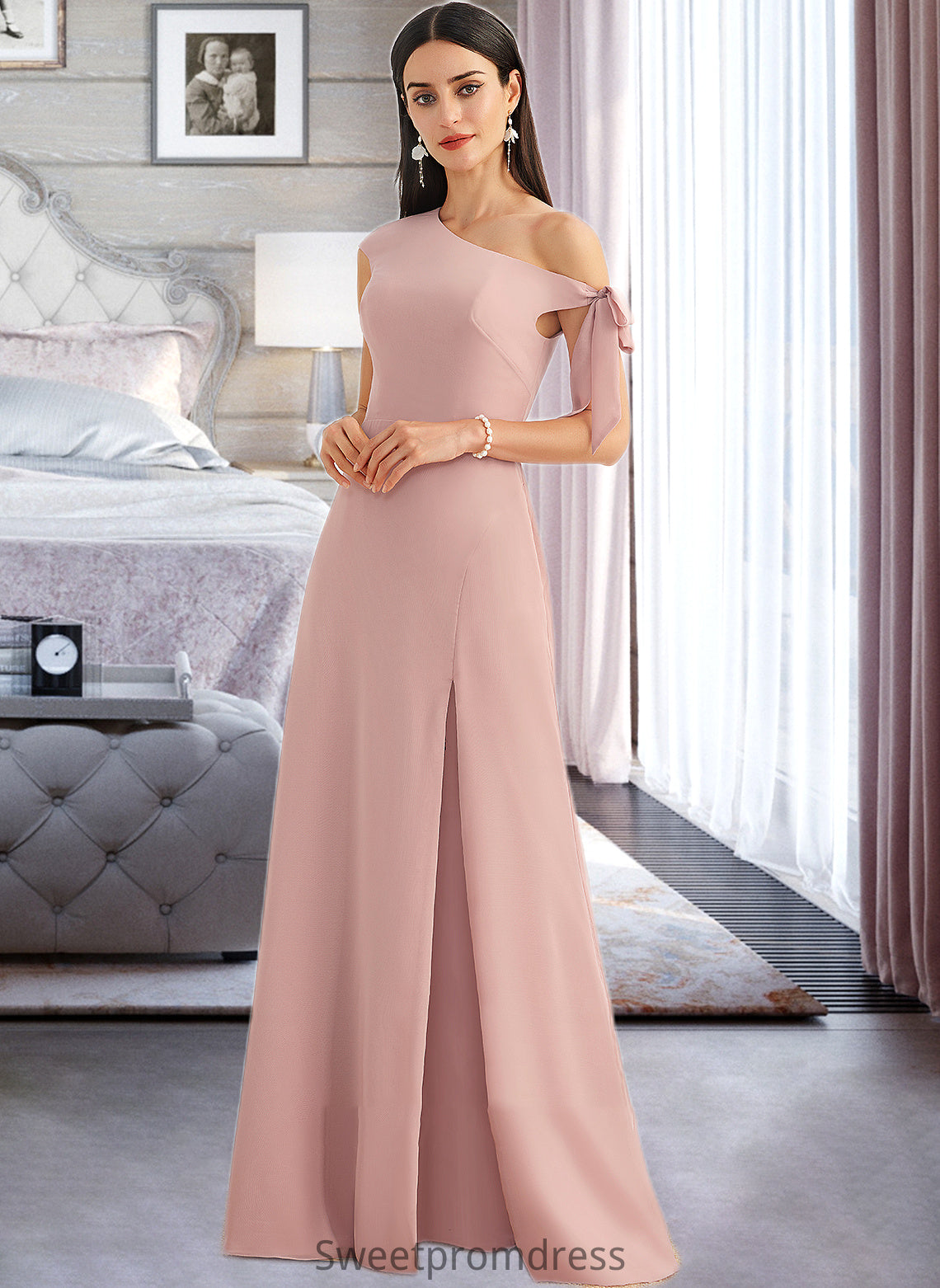 Kaiya A-Line One-Shoulder Floor-Length Bridesmaid Dress With Bow(s) DHP0012914