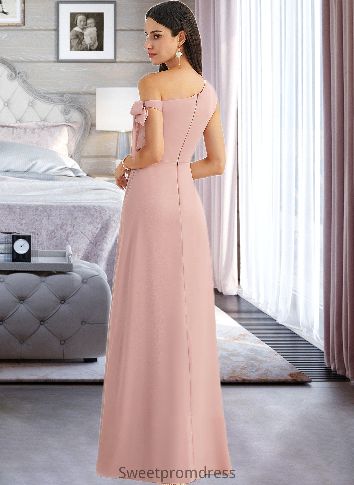 Kaiya A-Line One-Shoulder Floor-Length Bridesmaid Dress With Bow(s) DHP0012914