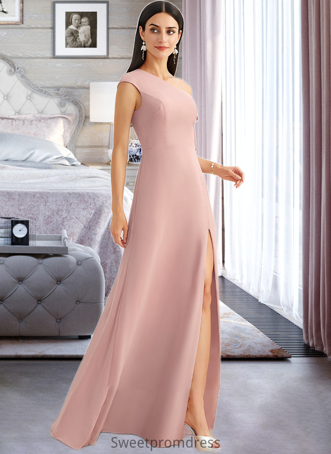 Kaiya A-Line One-Shoulder Floor-Length Bridesmaid Dress With Bow(s) DHP0012914