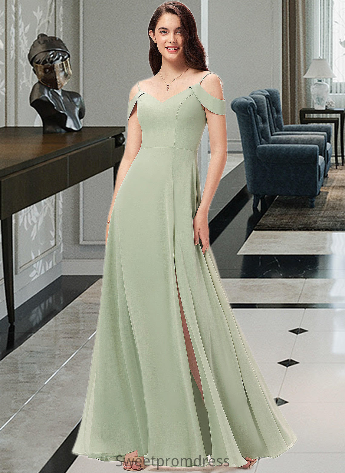 Aubrey A-Line V-neck Floor-Length Chiffon Bridesmaid Dress With Split Front DHP0012915