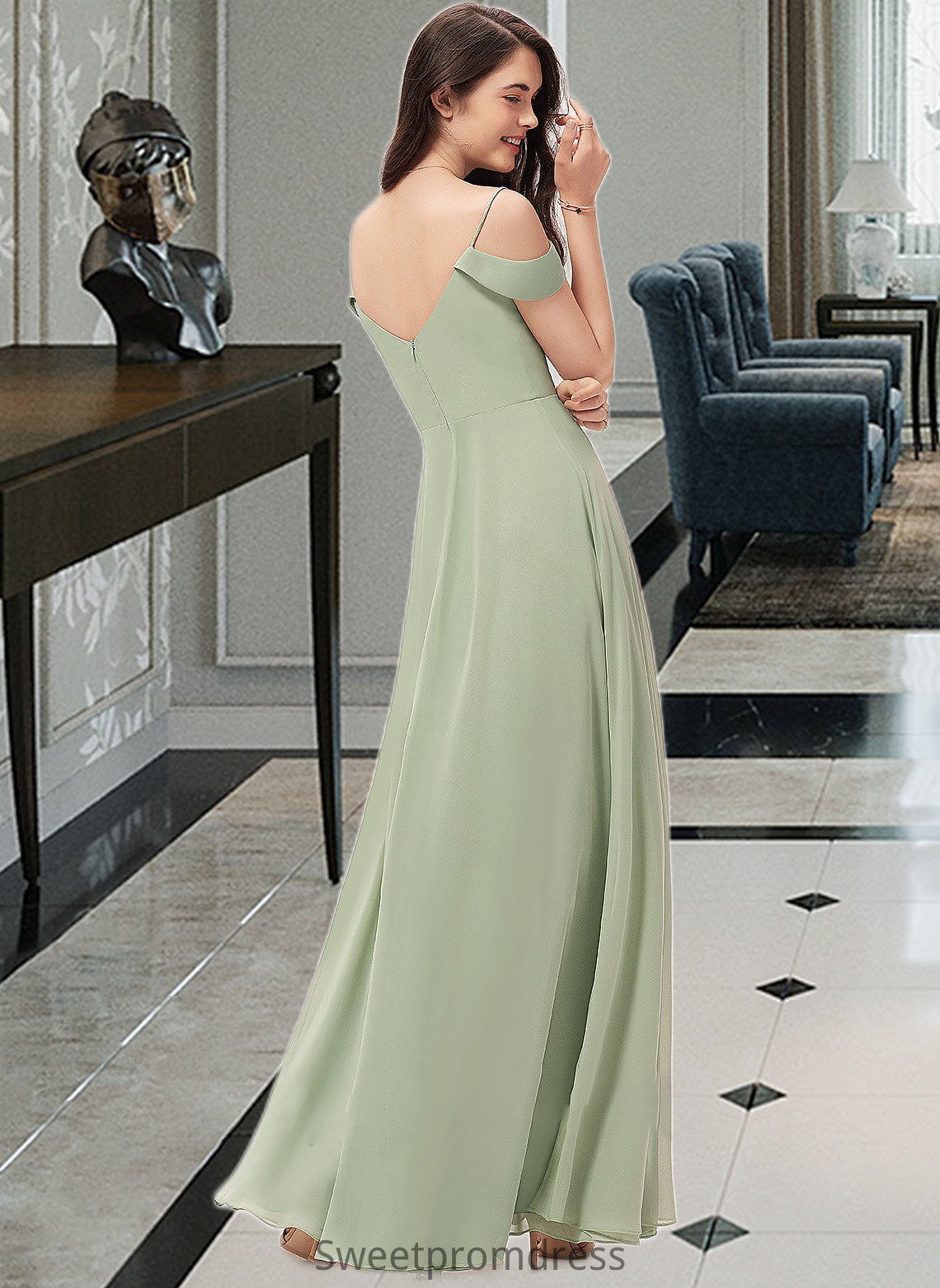 Aubrey A-Line V-neck Floor-Length Chiffon Bridesmaid Dress With Split Front DHP0012915