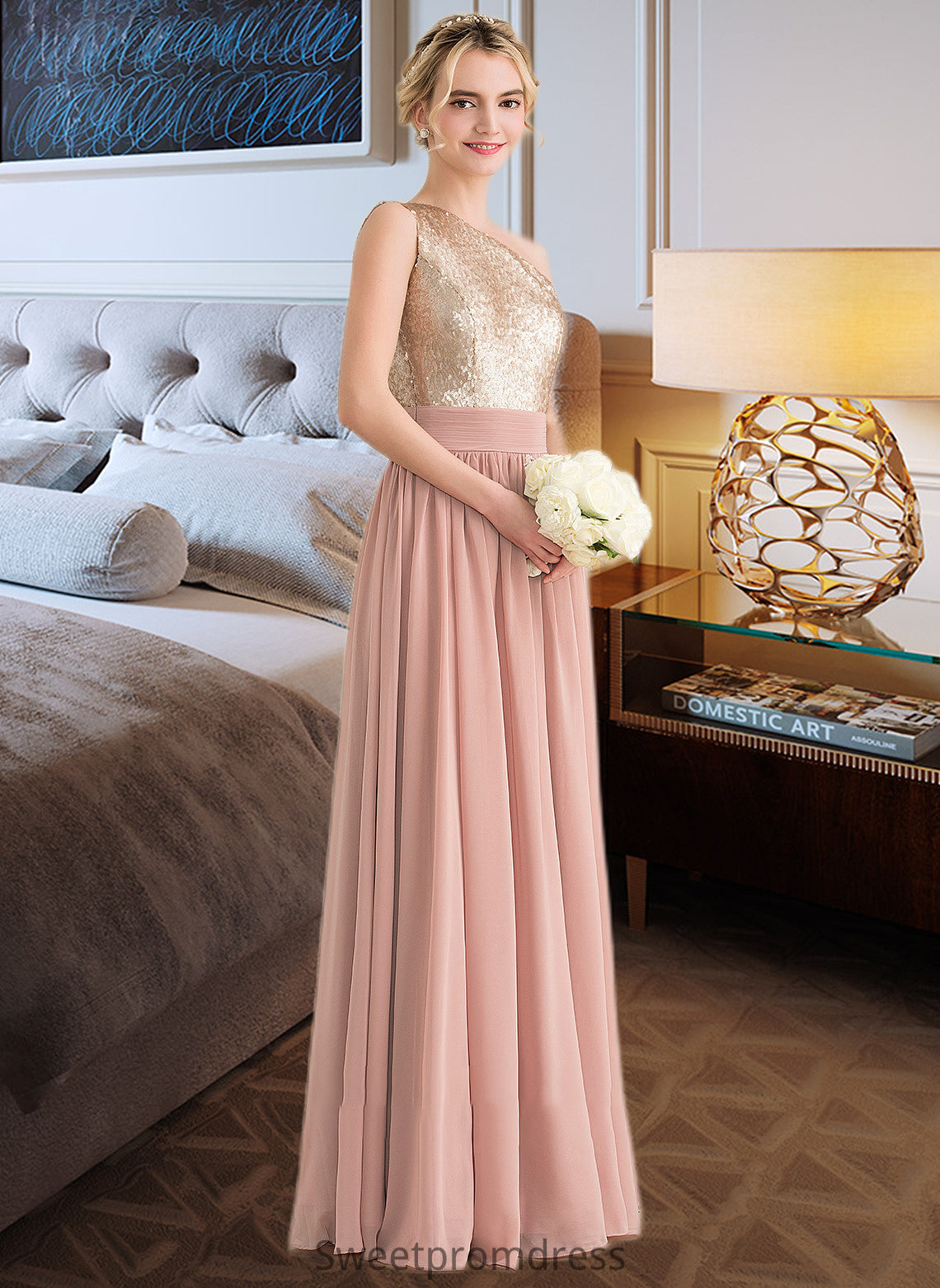 Carina A-line One Shoulder Floor-Length Chiffon Sequined Bridesmaid Dress DHP0012916