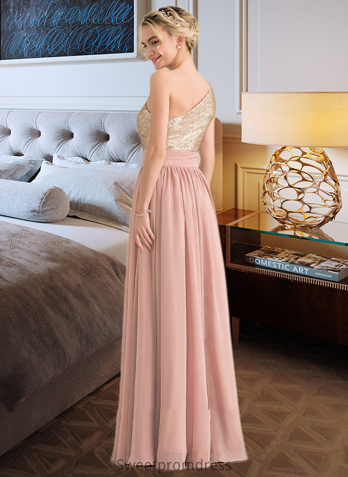 Carina A-line One Shoulder Floor-Length Chiffon Sequined Bridesmaid Dress DHP0012916