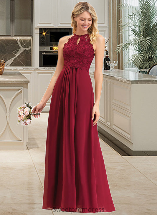 Adelaide A-Line Scoop Neck Floor-Length Chiffon Lace Bridesmaid Dress DHP0012918