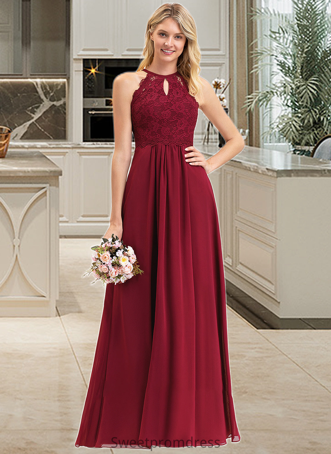 Adelaide A-Line Scoop Neck Floor-Length Chiffon Lace Bridesmaid Dress DHP0012918