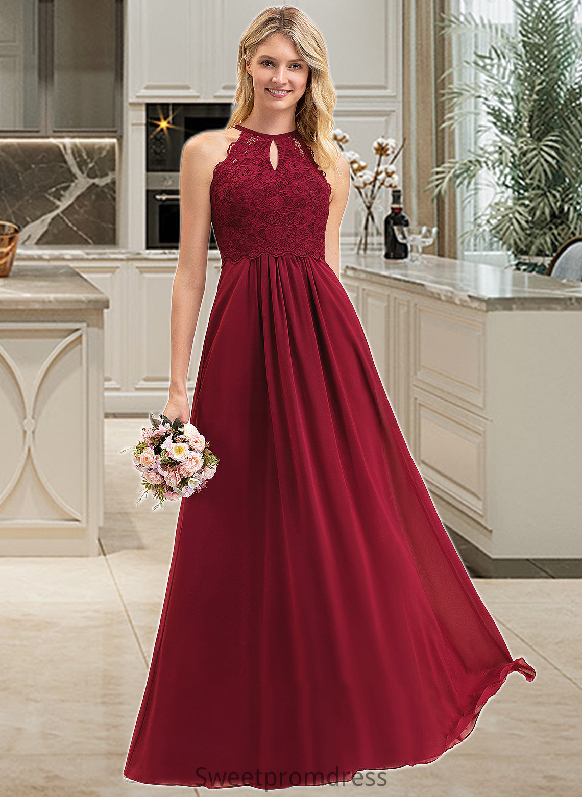 Adelaide A-Line Scoop Neck Floor-Length Chiffon Lace Bridesmaid Dress DHP0012918