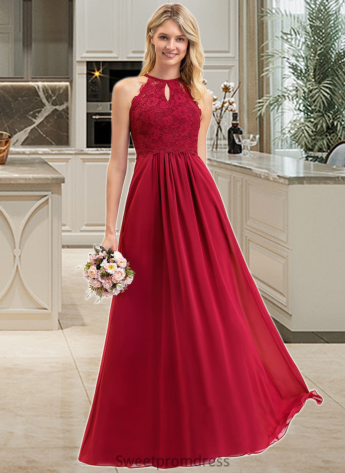 Adelaide A-Line Scoop Neck Floor-Length Chiffon Lace Bridesmaid Dress DHP0012918