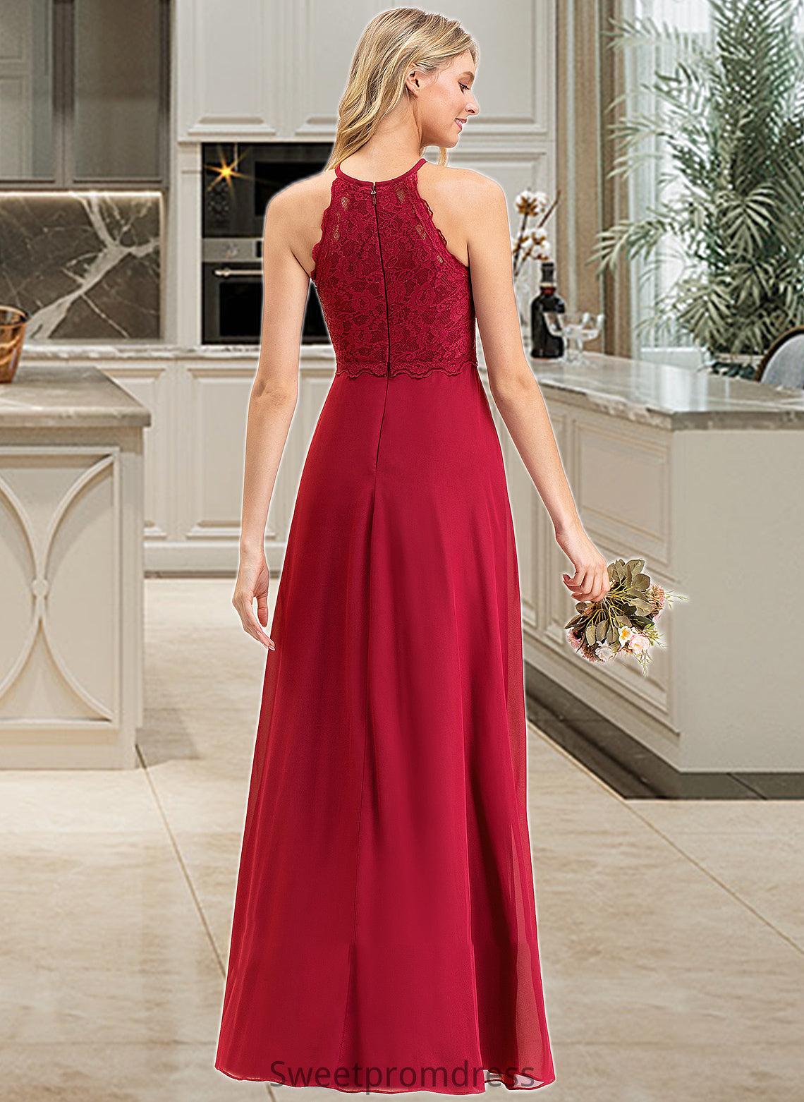 Adelaide A-Line Scoop Neck Floor-Length Chiffon Lace Bridesmaid Dress DHP0012918