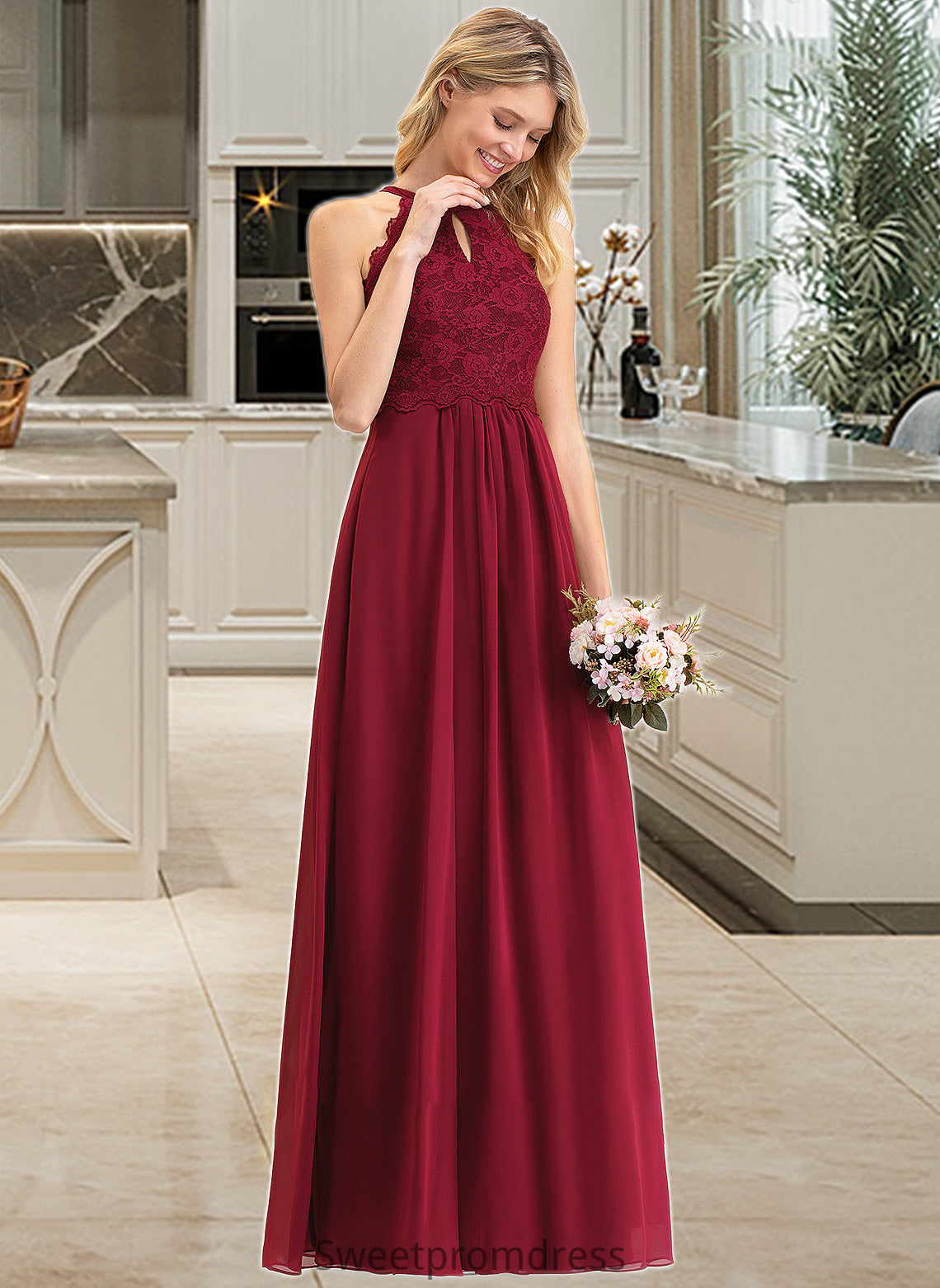 Adelaide A-Line Scoop Neck Floor-Length Chiffon Lace Bridesmaid Dress DHP0012918