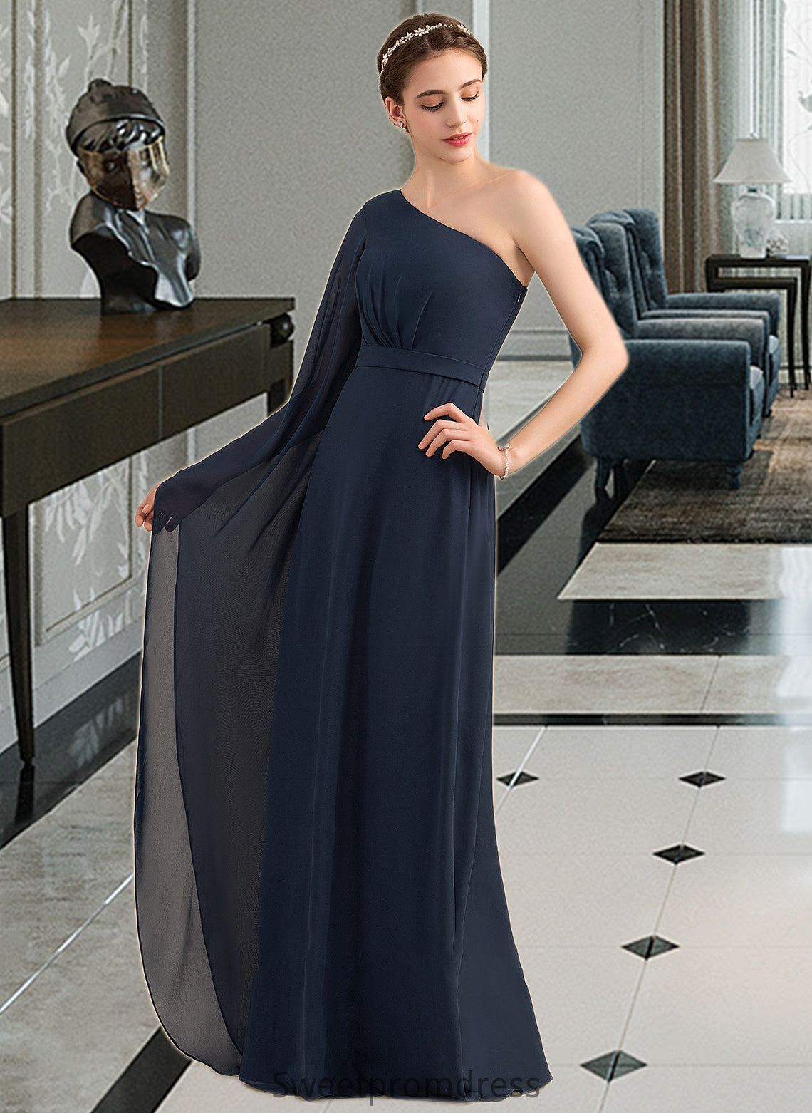 Gladys A-line One Shoulder Floor-Length Chiffon Bridesmaid Dress With Ruffle DHP0012920