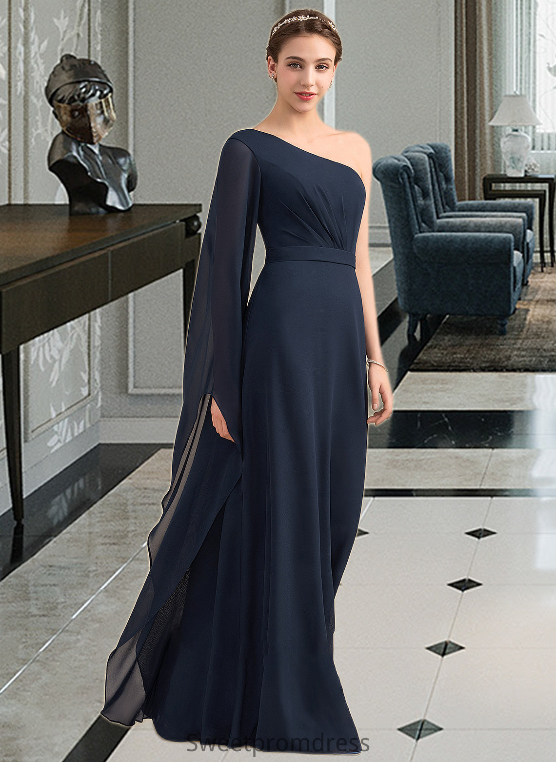 Gladys A-line One Shoulder Floor-Length Chiffon Bridesmaid Dress With Ruffle DHP0012920