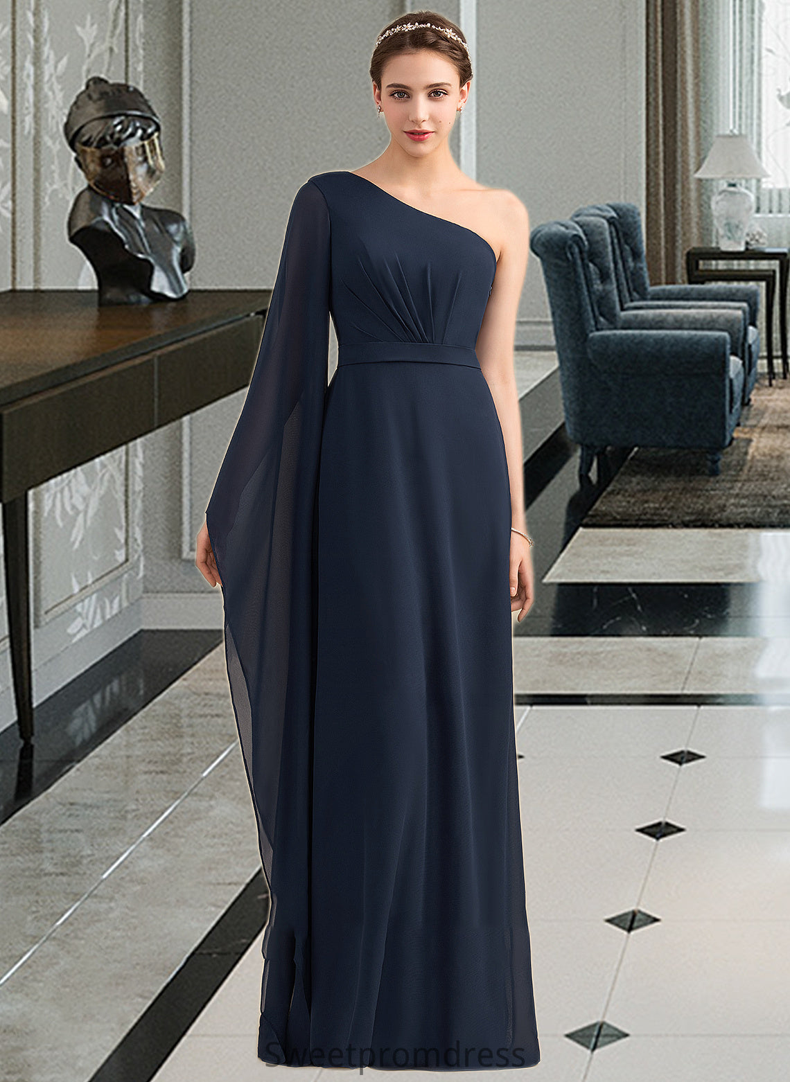 Gladys A-line One Shoulder Floor-Length Chiffon Bridesmaid Dress With Ruffle DHP0012920