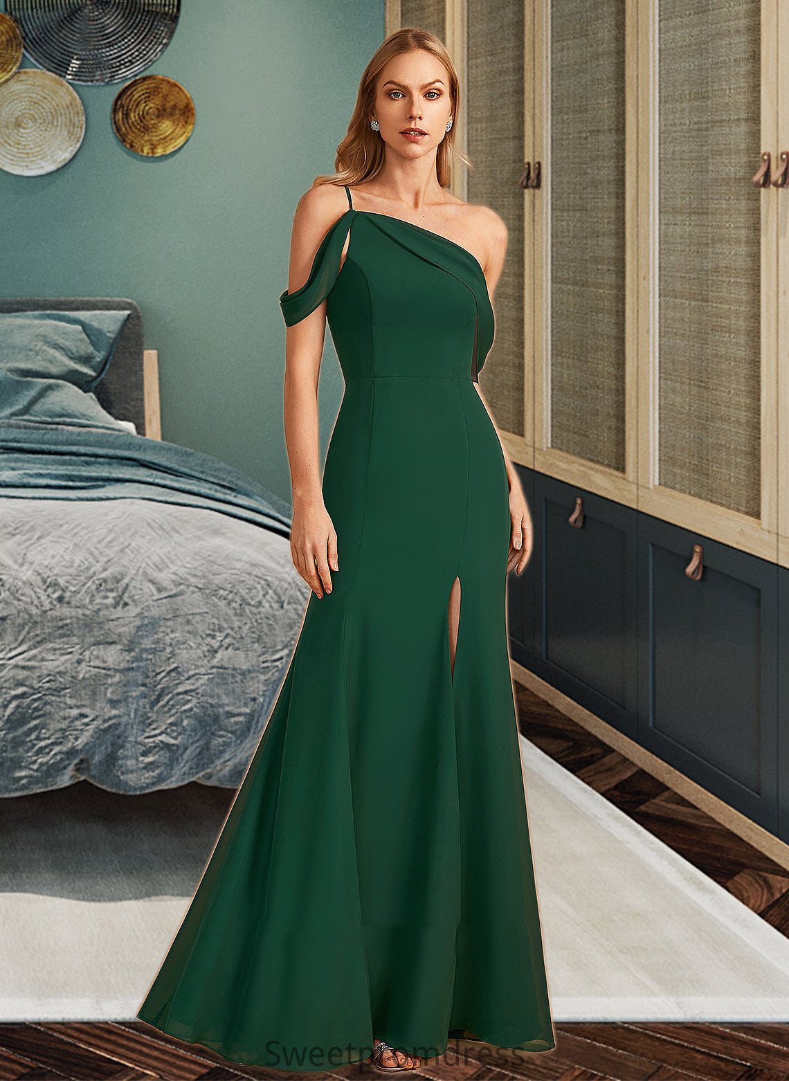 Eva Trumpet/Mermaid One-Shoulder Floor-Length Bridesmaid Dress With Split Front DHP0012921