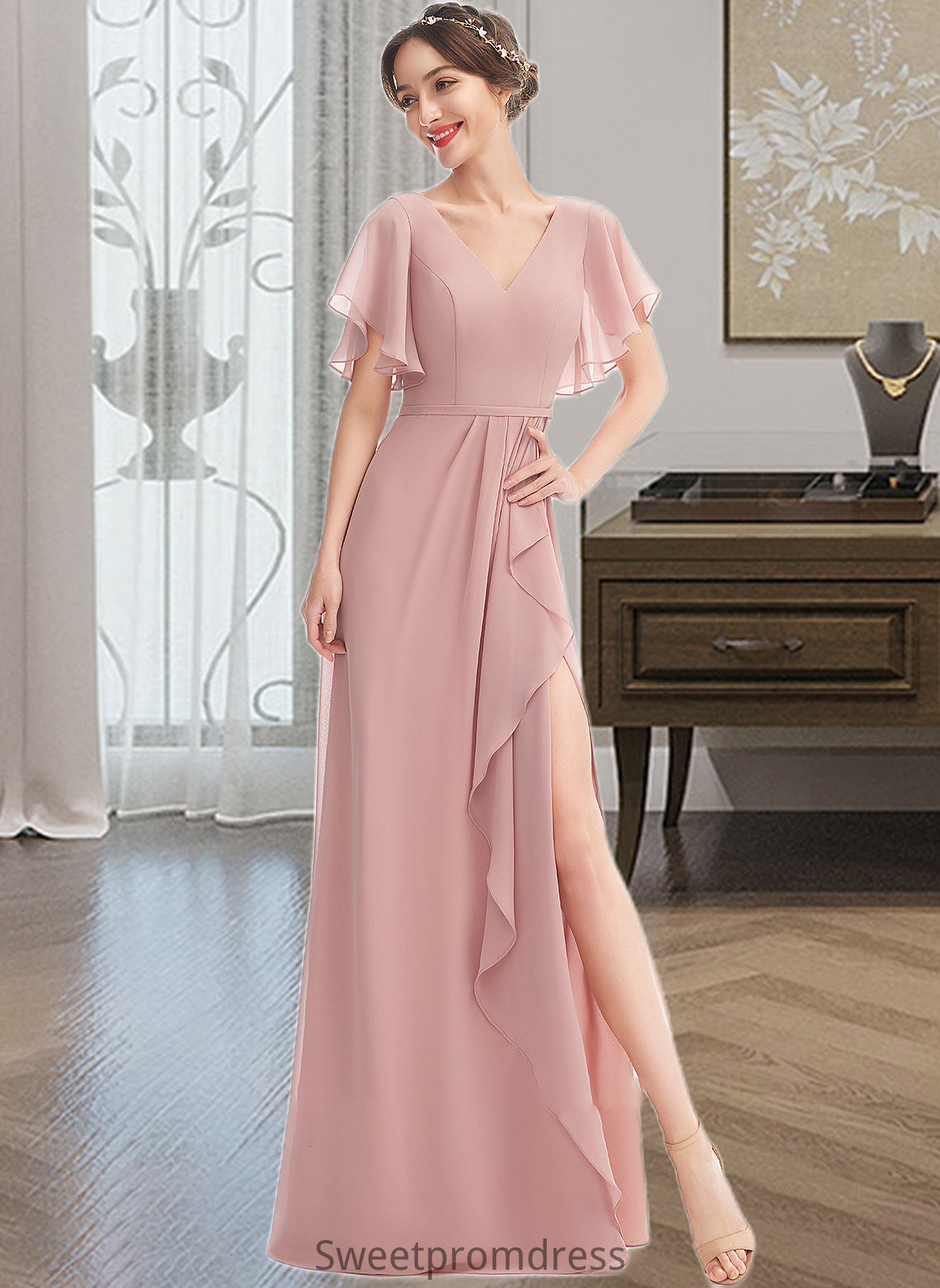 Ursula A-Line V-neck Floor-Length Bridesmaid Dress With Ruffle Split Front DHP0012923