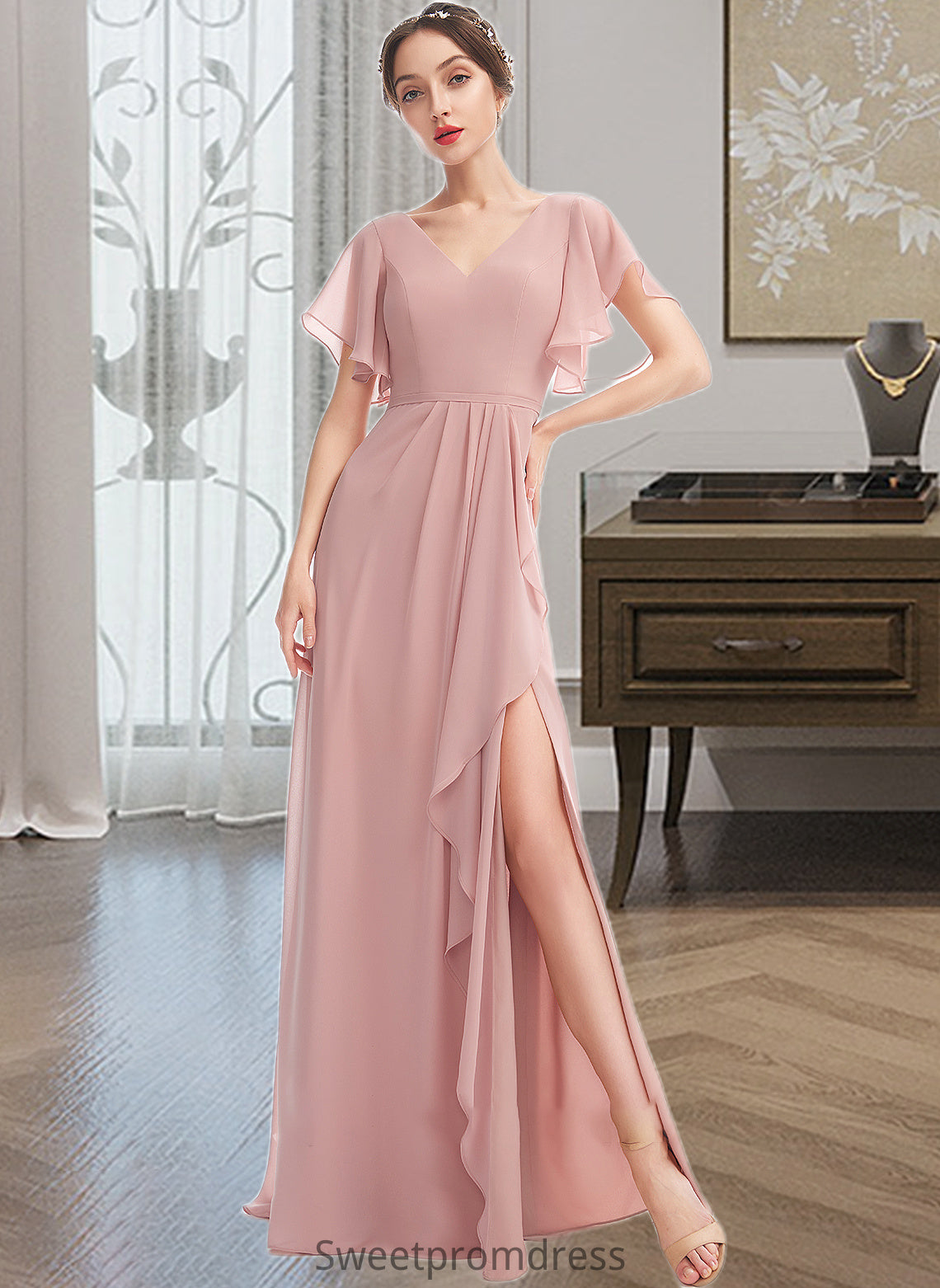 Ursula A-Line V-neck Floor-Length Bridesmaid Dress With Ruffle Split Front DHP0012923