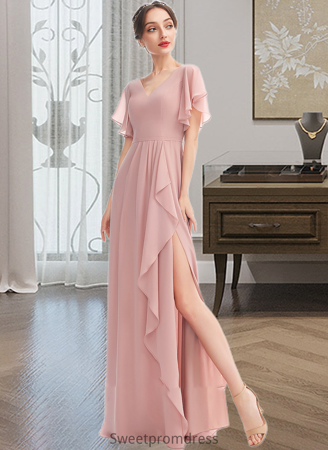 Ursula A-Line V-neck Floor-Length Bridesmaid Dress With Ruffle Split Front DHP0012923