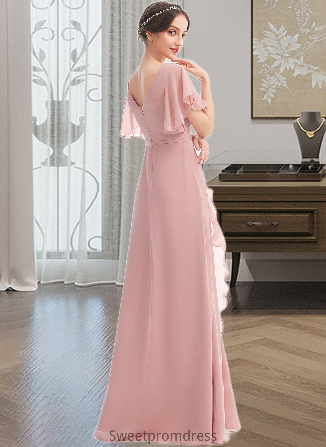 Ursula A-Line V-neck Floor-Length Bridesmaid Dress With Ruffle Split Front DHP0012923