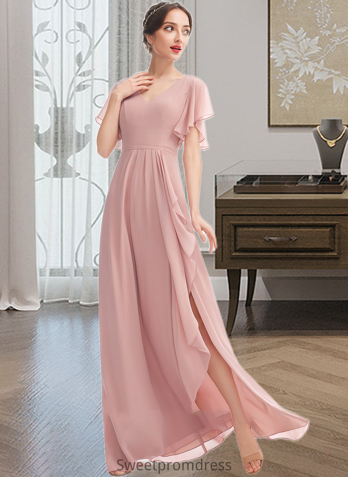 Ursula A-Line V-neck Floor-Length Bridesmaid Dress With Ruffle Split Front DHP0012923