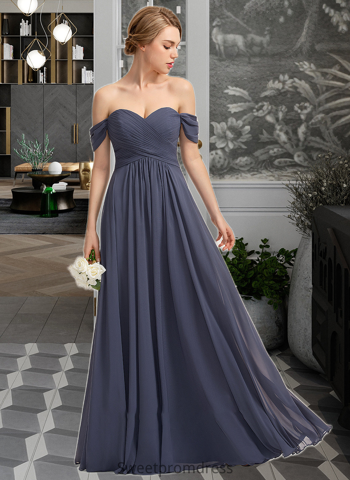 Sally A-line Off the Shoulder Floor-Length Chiffon Bridesmaid Dress With Ruffle DHP0012924