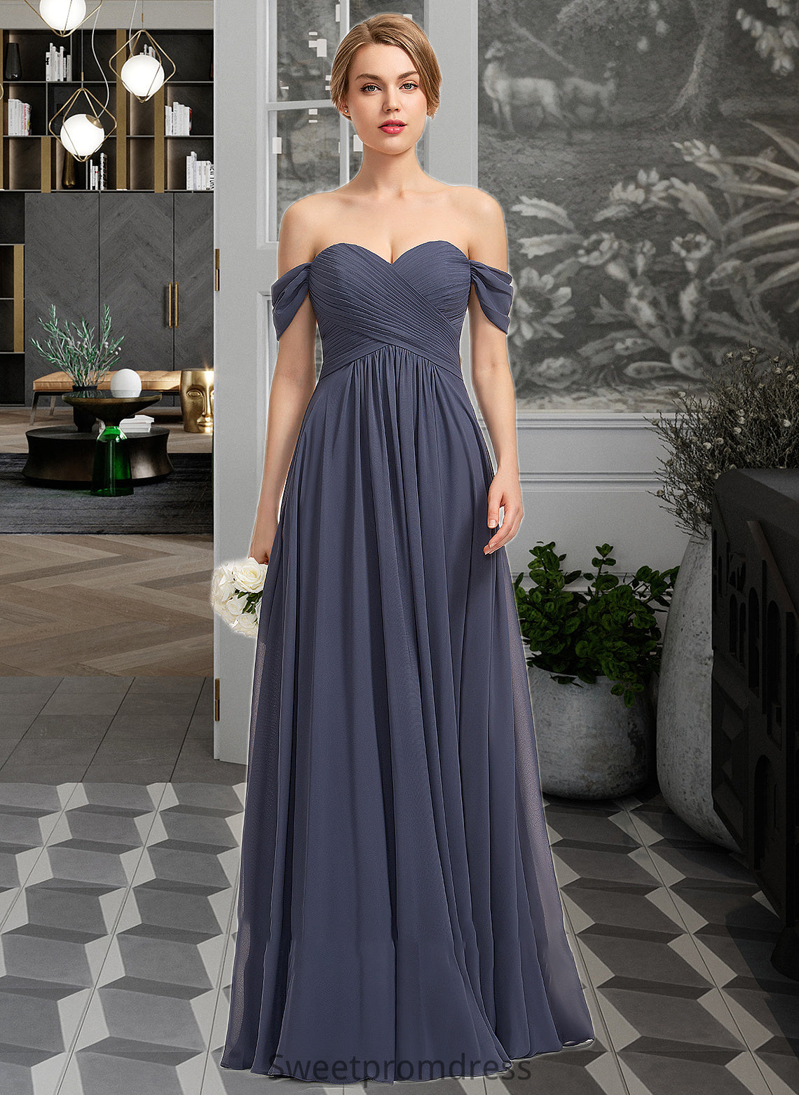 Sally A-line Off the Shoulder Floor-Length Chiffon Bridesmaid Dress With Ruffle DHP0012924